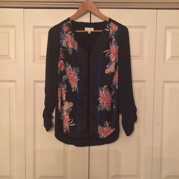 Modcloth Dark Blue Blouse with Pink Floral Design - Picture 2 of 6